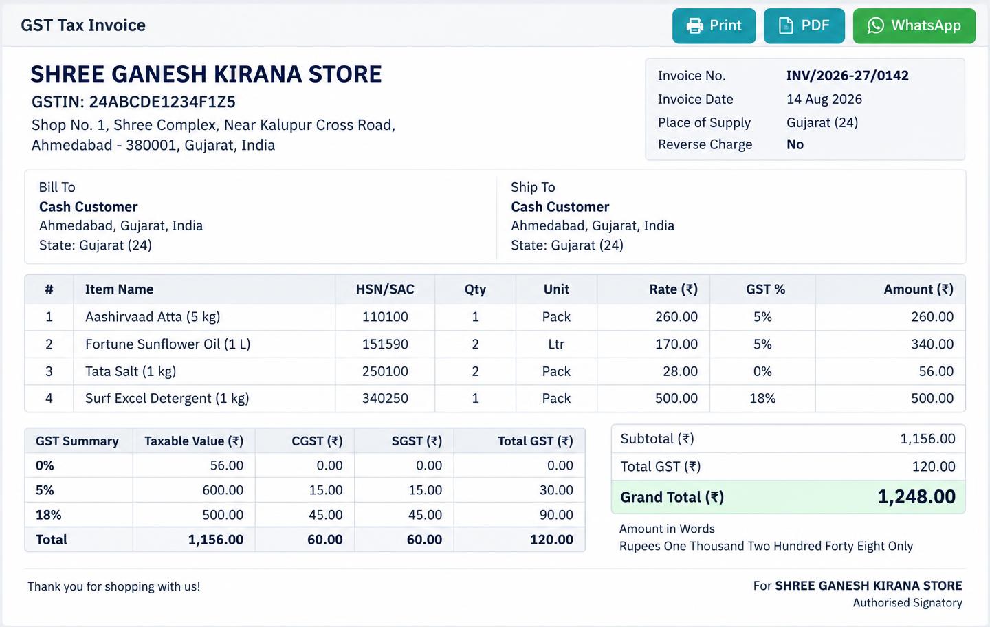 GST invoice with send on WhatsApp button